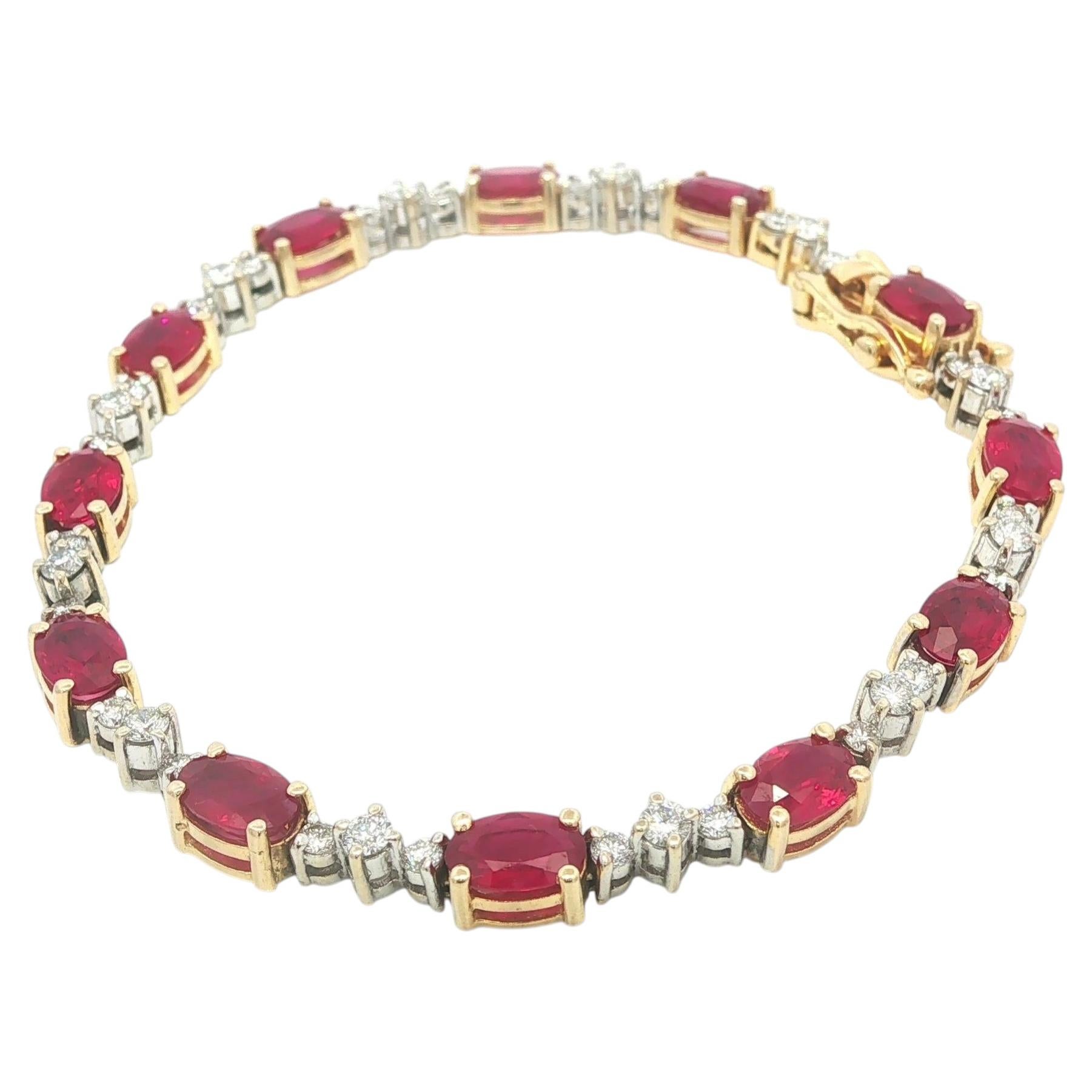 Bracciale in oro massiccio 14k da 8,4 carati con linea ovale alternata di rubino rosso vibrante e diamanti