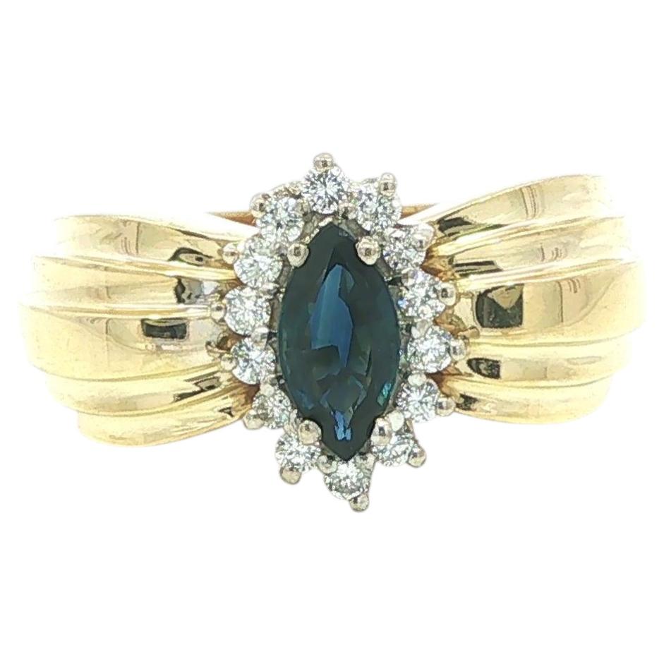 14k Solid Gold .97ctw Marquise Sapphire Diamond Frame Wide Flared Band Ring For Sale