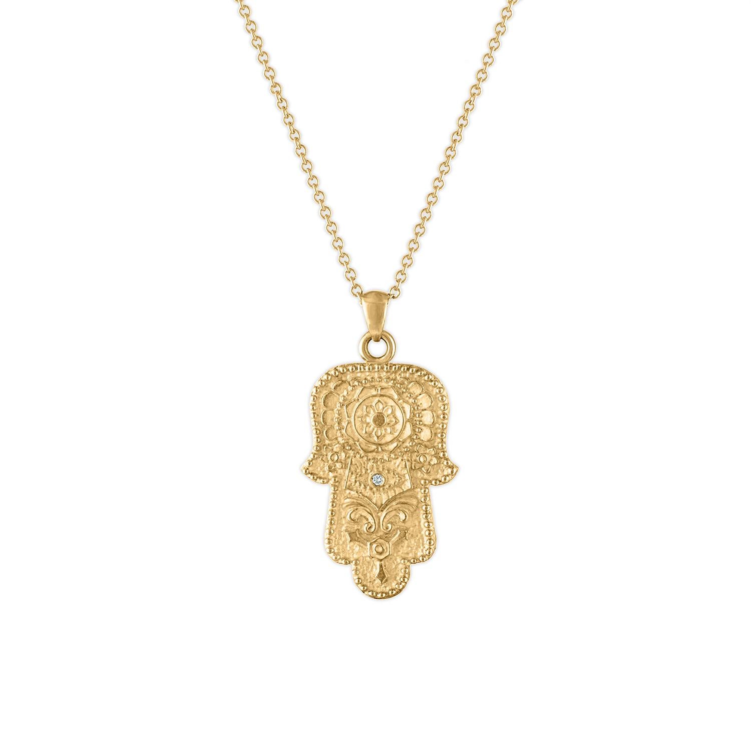 Round Cut 14 Karat Solid Gold, Accent Diamond Hamsa Pendant, on a Solid Gold Chain For Sale