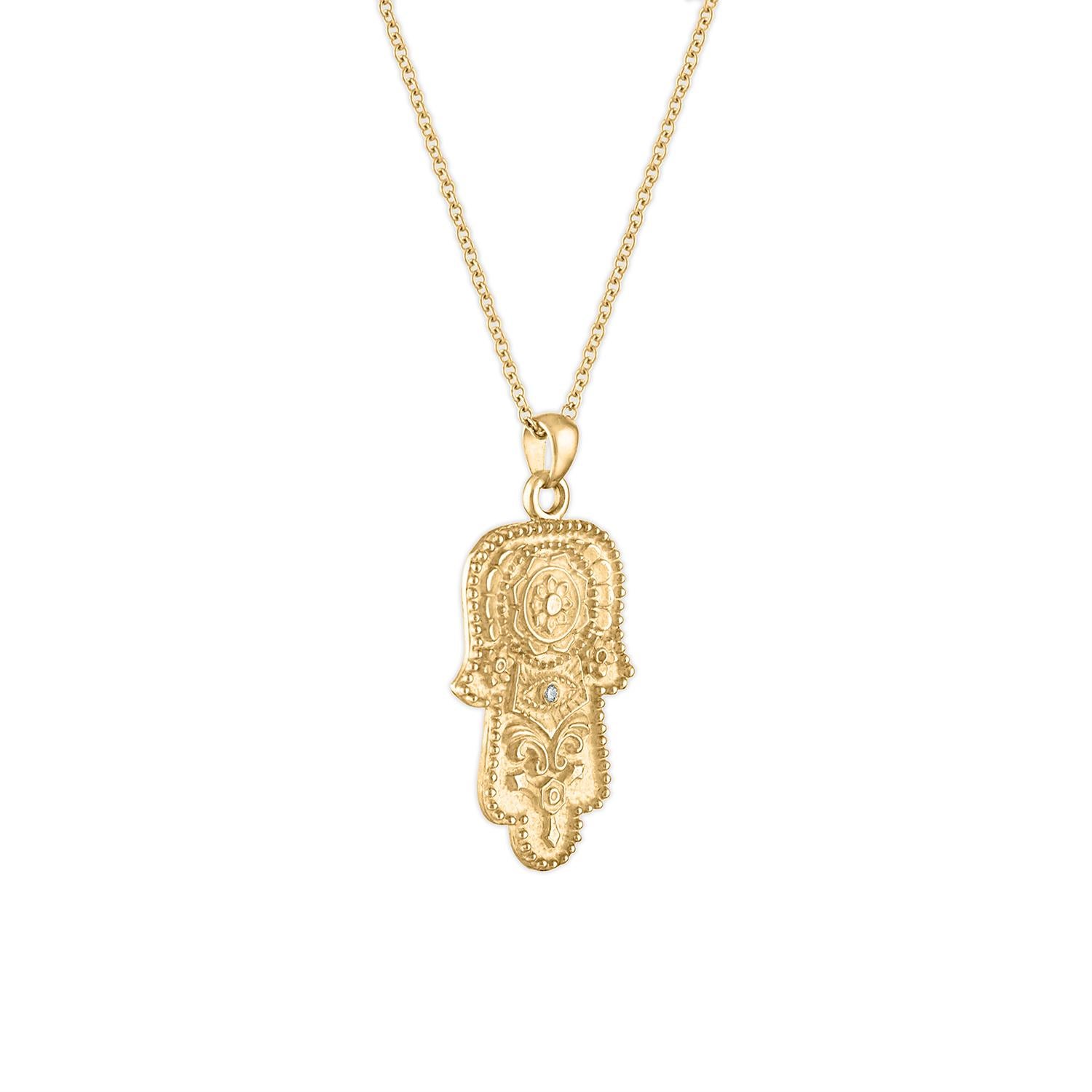 14 Karat Solid Gold, Accent Diamond Hamsa Pendant, on a Solid Gold Chain In New Condition For Sale In New York, NY