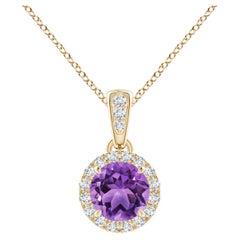 14K Solid Gold Amethyst Halo Pendant with Diamonds, 0.55 CTW by Angara