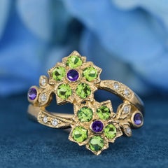 14K Solid Gold Amethyst Peridot and Diamond Vintage Style Floral Cluster Ring