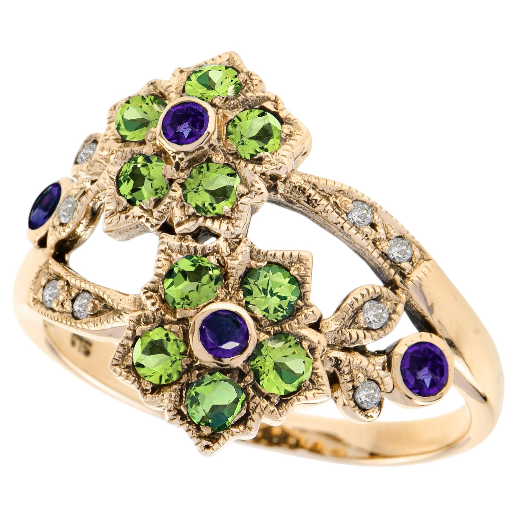 14K Solid Gold Amethyst Peridot and Diamond Vintage Style Floral Cluster Ring