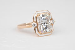 14k Solid Gold Art Deco Ring, 4.08ct Moissanite Stone Ring and Enamel Ring