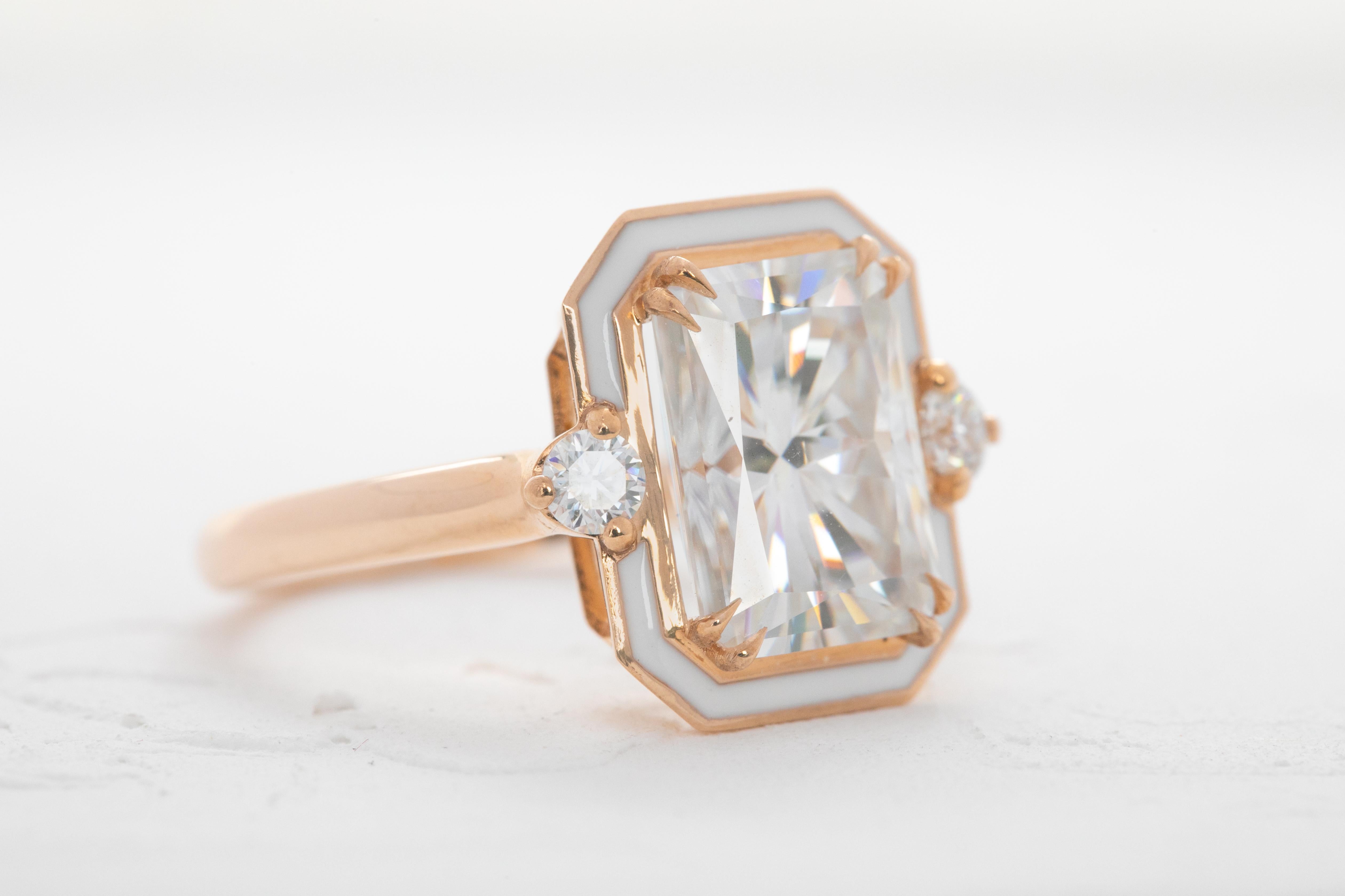 For Sale:  14k Solid Gold Art Deco Ring, 4.08ct Moissanite Stone Ring and Enamel Ring 9
