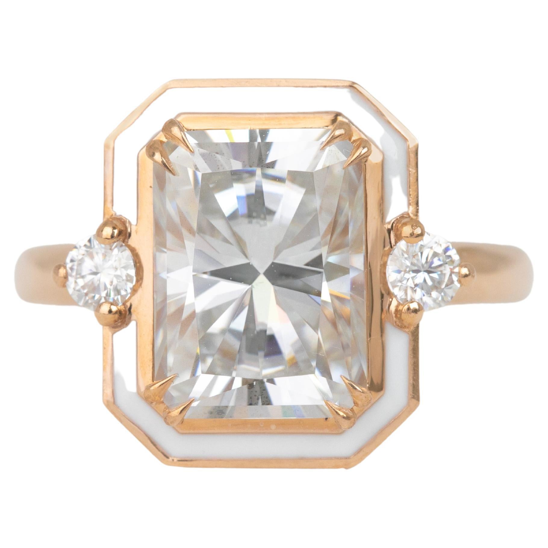 For Sale:  14k Solid Gold Art Deco Ring, 4.08ct Moissanite Stone Ring and Enamel Ring