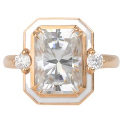 14k Solid Gold Art Deco Ring, 4.08ct Moissanite Stone Ring and Enamel Ring