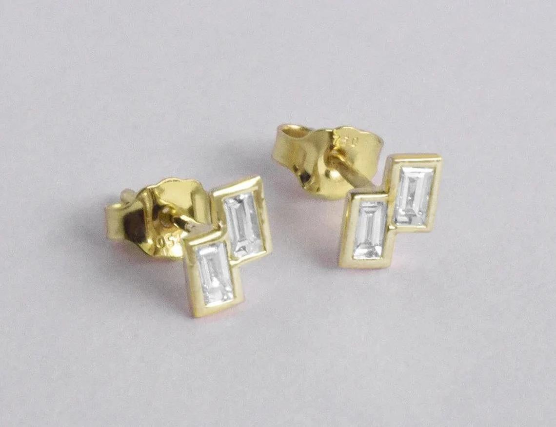 Baguette Cut 14k Solid Gold Bezel Set Baguette Diamond Earrings Duo Baguette Stud For Sale