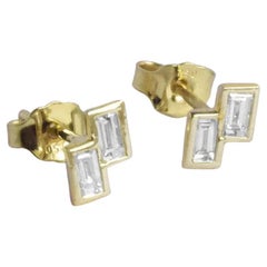 14k Solid Gold Bezel Set Baguette Diamond Earrings Duo Baguette Stud