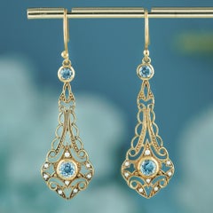 14K Solid Gold Blue Topaz and Rose Cut Diamond Filigree Dangle Earrings