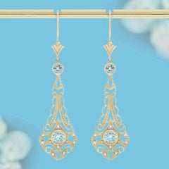 14K Solid Gold Blue Topaz and Rose Cut Diamond Filigree Dangle Earrings