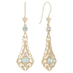 14K Solid Gold Blue Topaz and Rose Cut Diamond Filigree Dangle Earrings