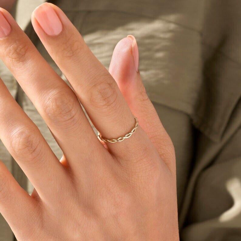 14K Solid Gold Braided Stacking Women Ring Thin Rope Simple Minimalist Rings. For Sale 5