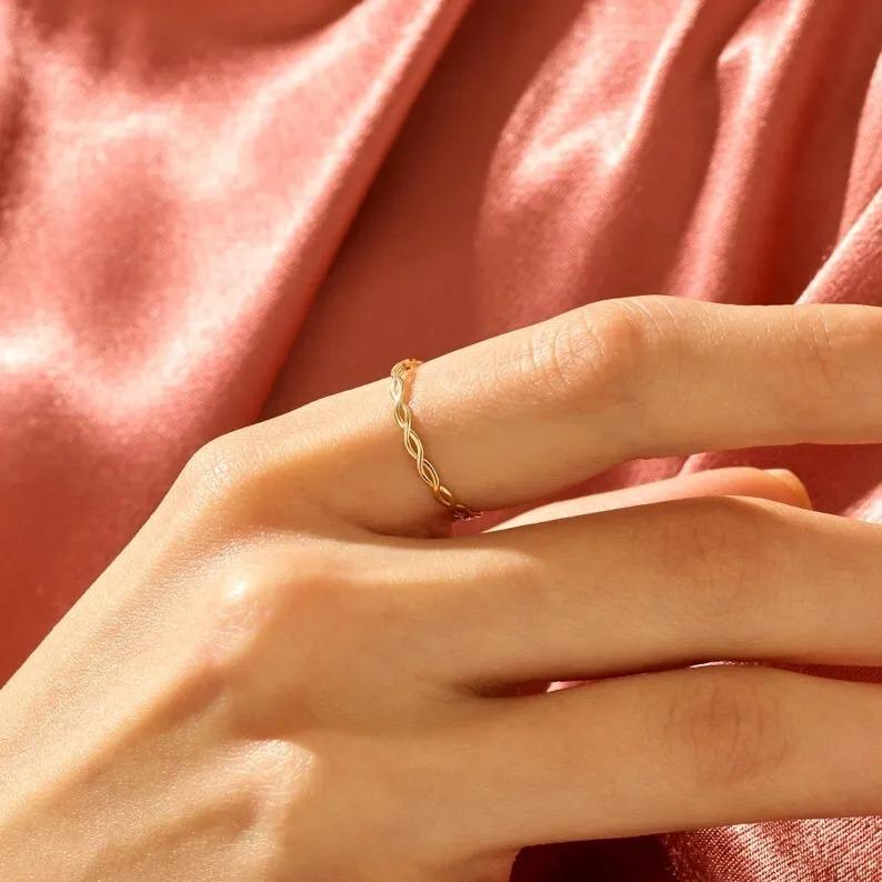 14K Solid Gold Braided Stacking Women Ring Thin Rope Simple Minimalist Rings. For Sale 4