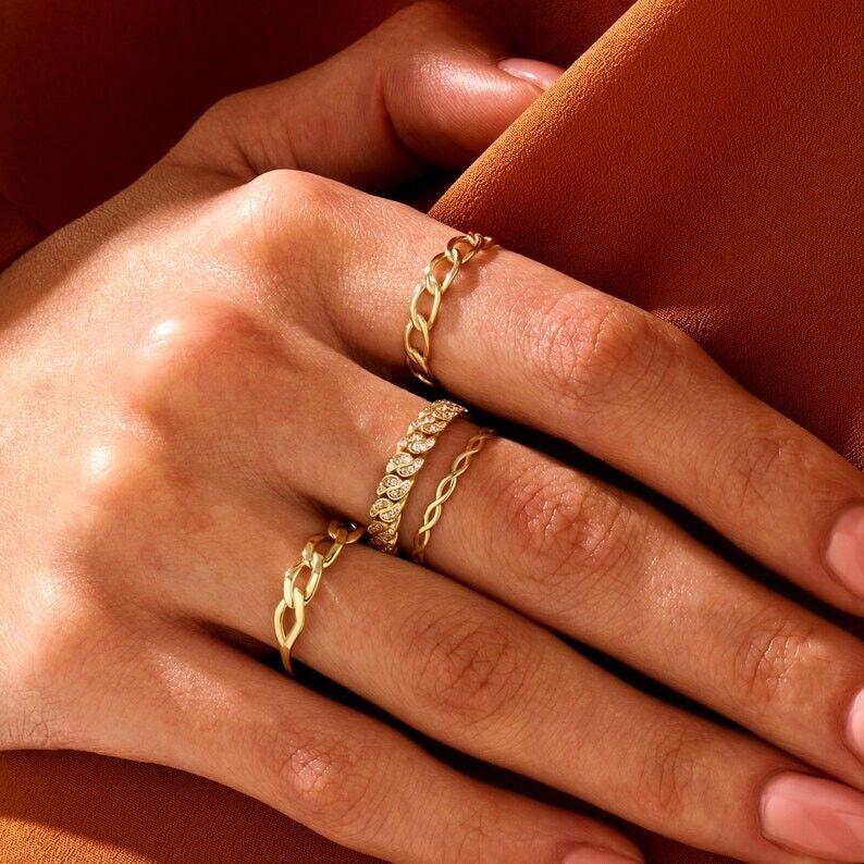 14K Solid Gold Braided Stacking Women Ring Thin Rope Simple Minimalist Rings. For Sale 3