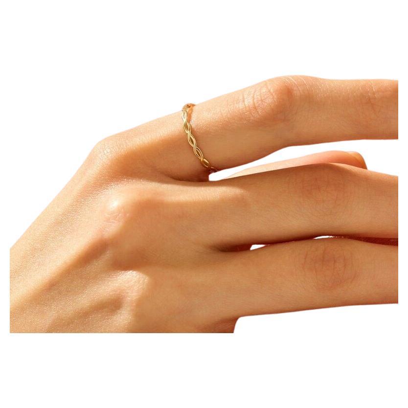 14K Solid Gold Braided Stacking Women Ring Thin Rope Simple Minimalist Rings. For Sale
