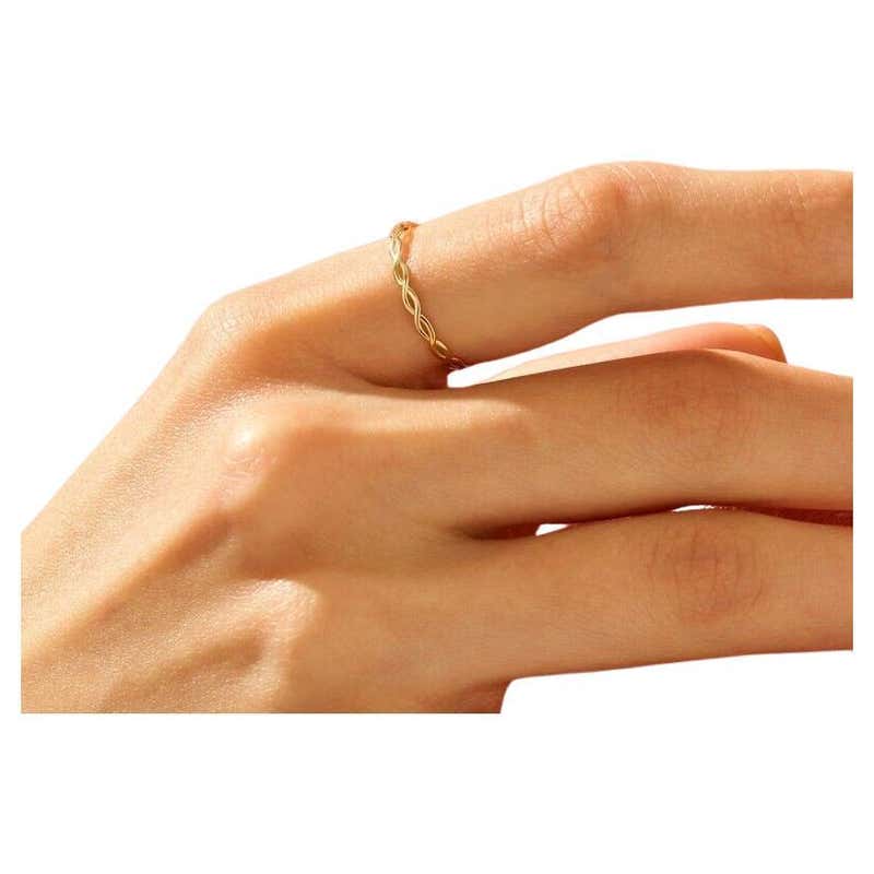 14K Solid Gold Braided Stacking Women Ring Thin Rope Simple Minimalist ...