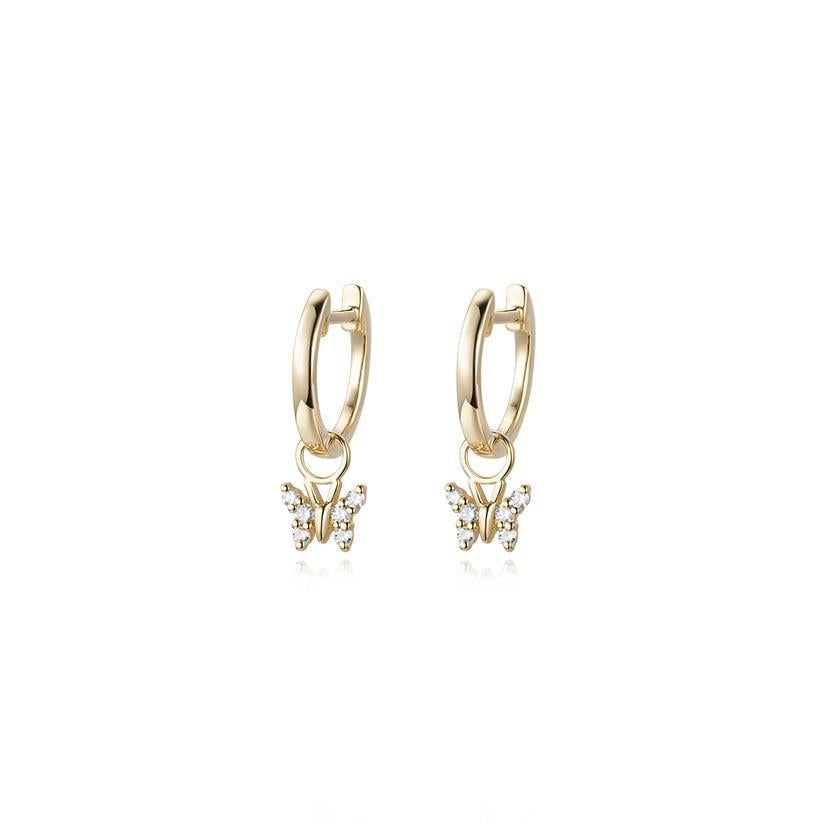 Modern Butterfly Charm 14K Gold Diamond Hoop Earrings For Sale