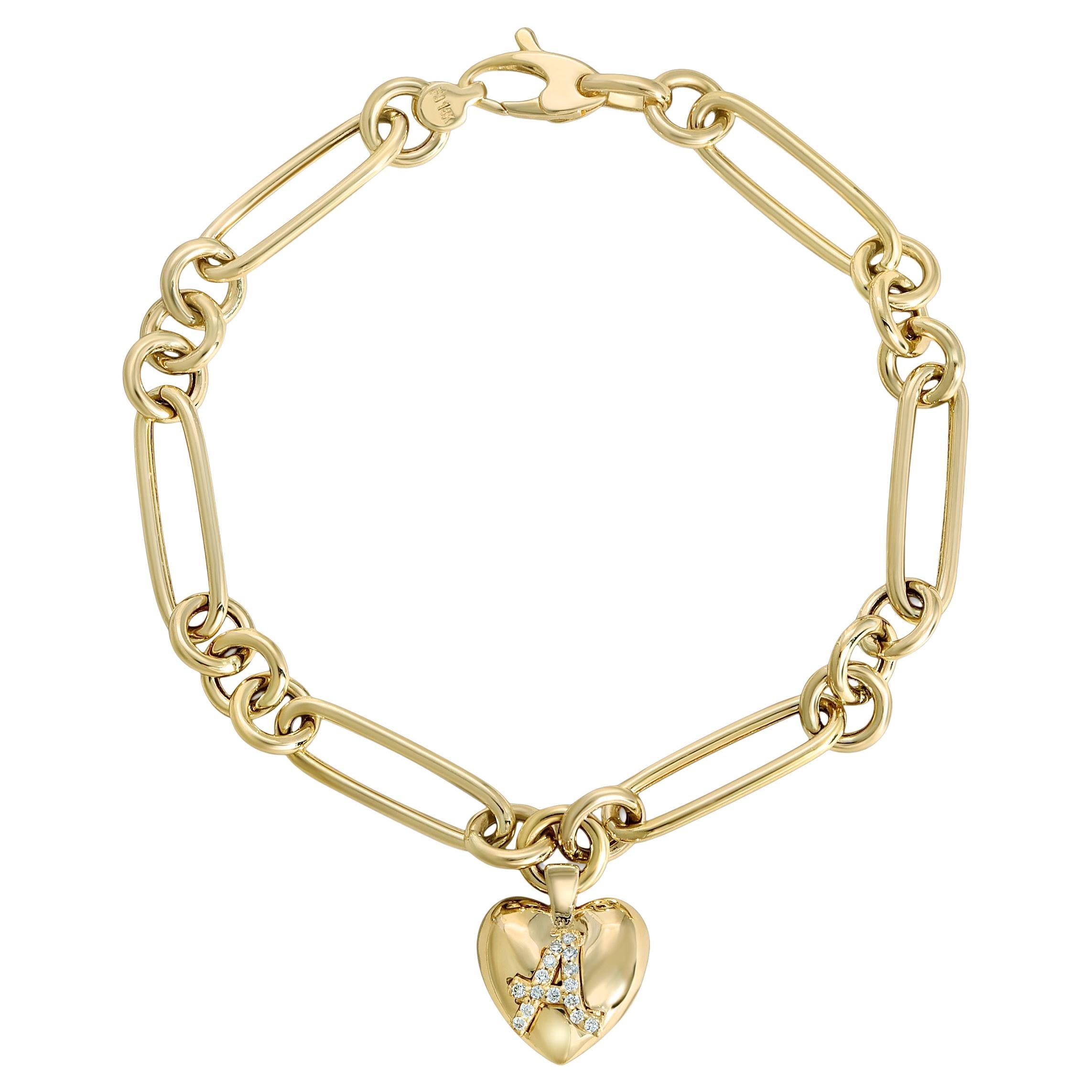 14k Solid Gold Chain and Personalized Pave Initial Heart Charm Bracelet For Sale