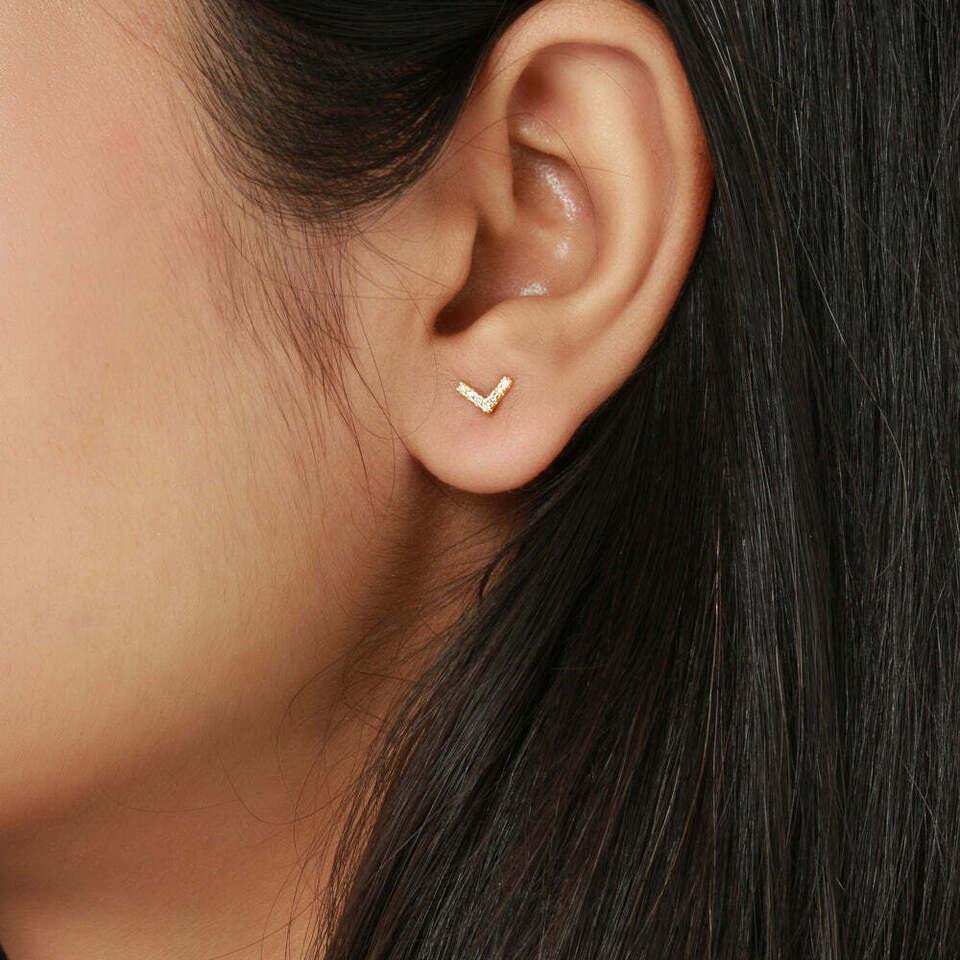 Women's or Men's 14K Solid Gold Chevron Earring Studs Minimalist Gold Diamond Studs Stylish Studs For Sale