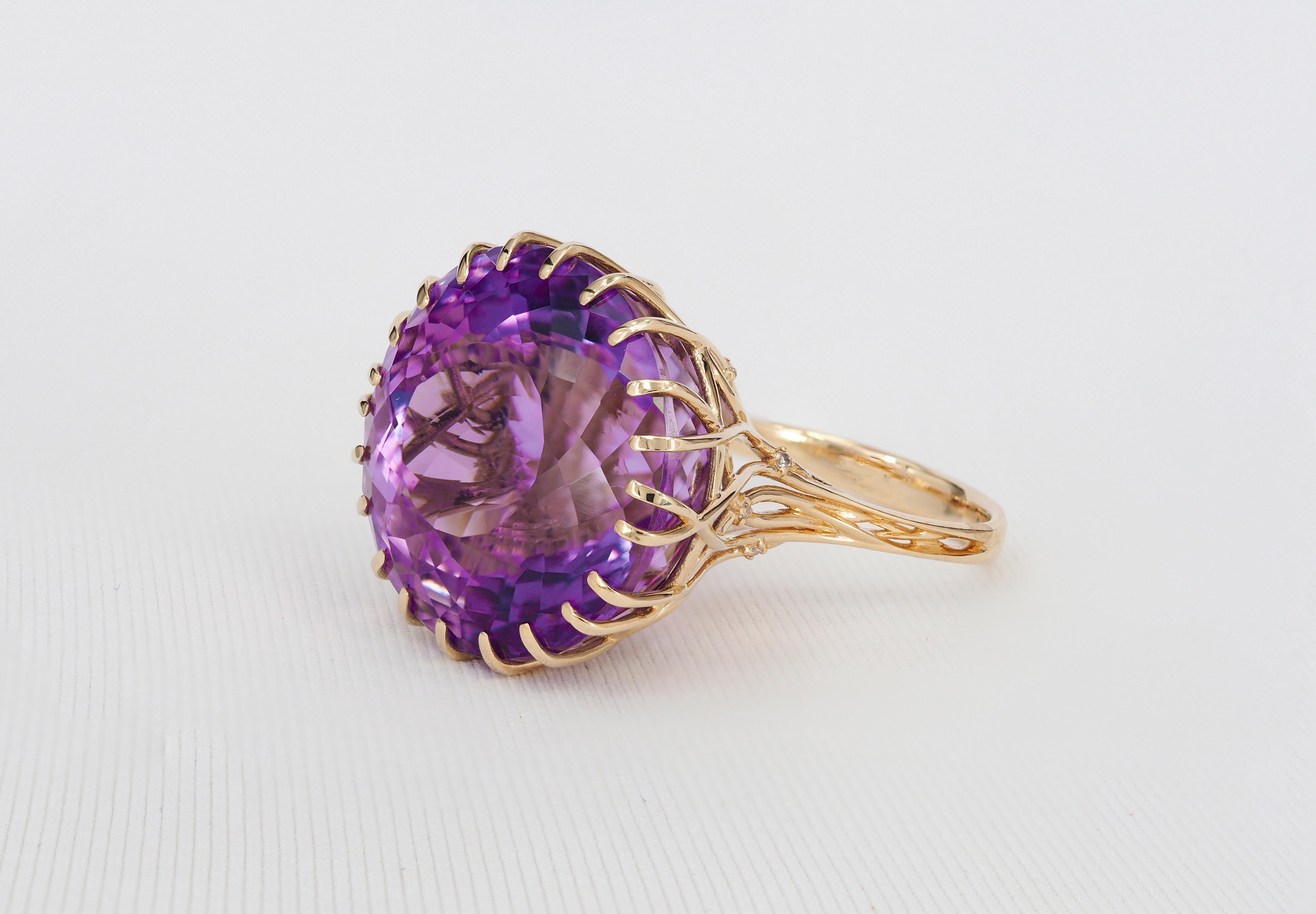 For Sale:  14 Karat Solid Gold Cocktail Ring with Natural Amethyst and Diamonds 4