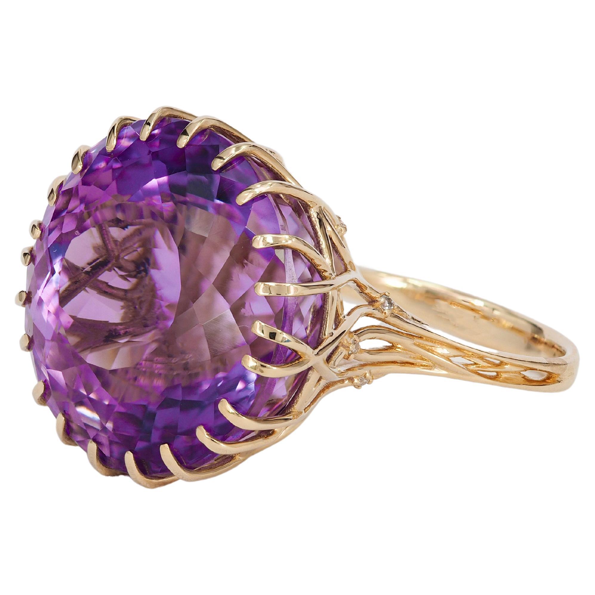 For Sale:  14 Karat Solid Gold Cocktail Ring with Natural Amethyst and Diamonds