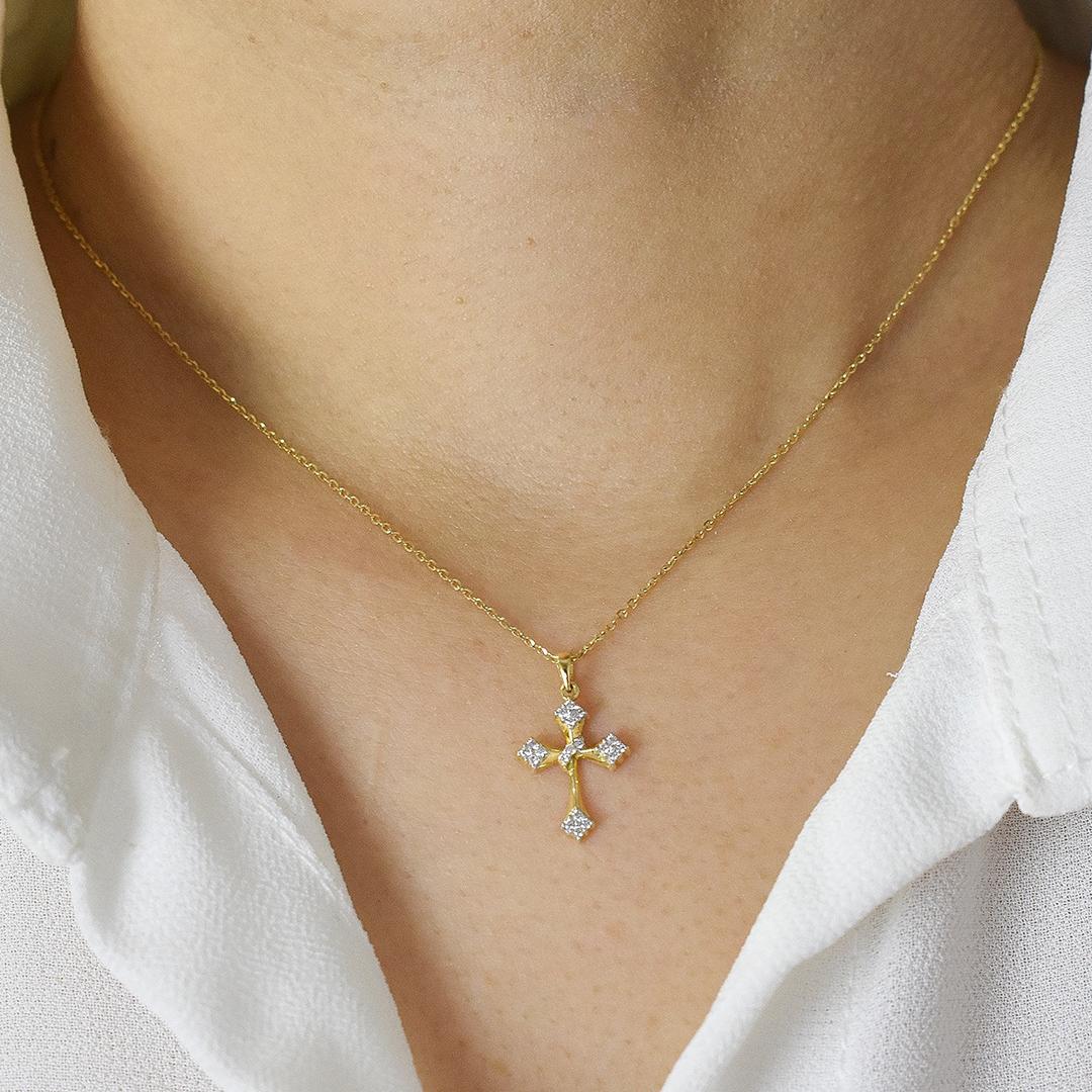 Byzantine 14k Solid Gold Cross Diamond Necklace Cross Charm Pendant Religious Necklace For Sale