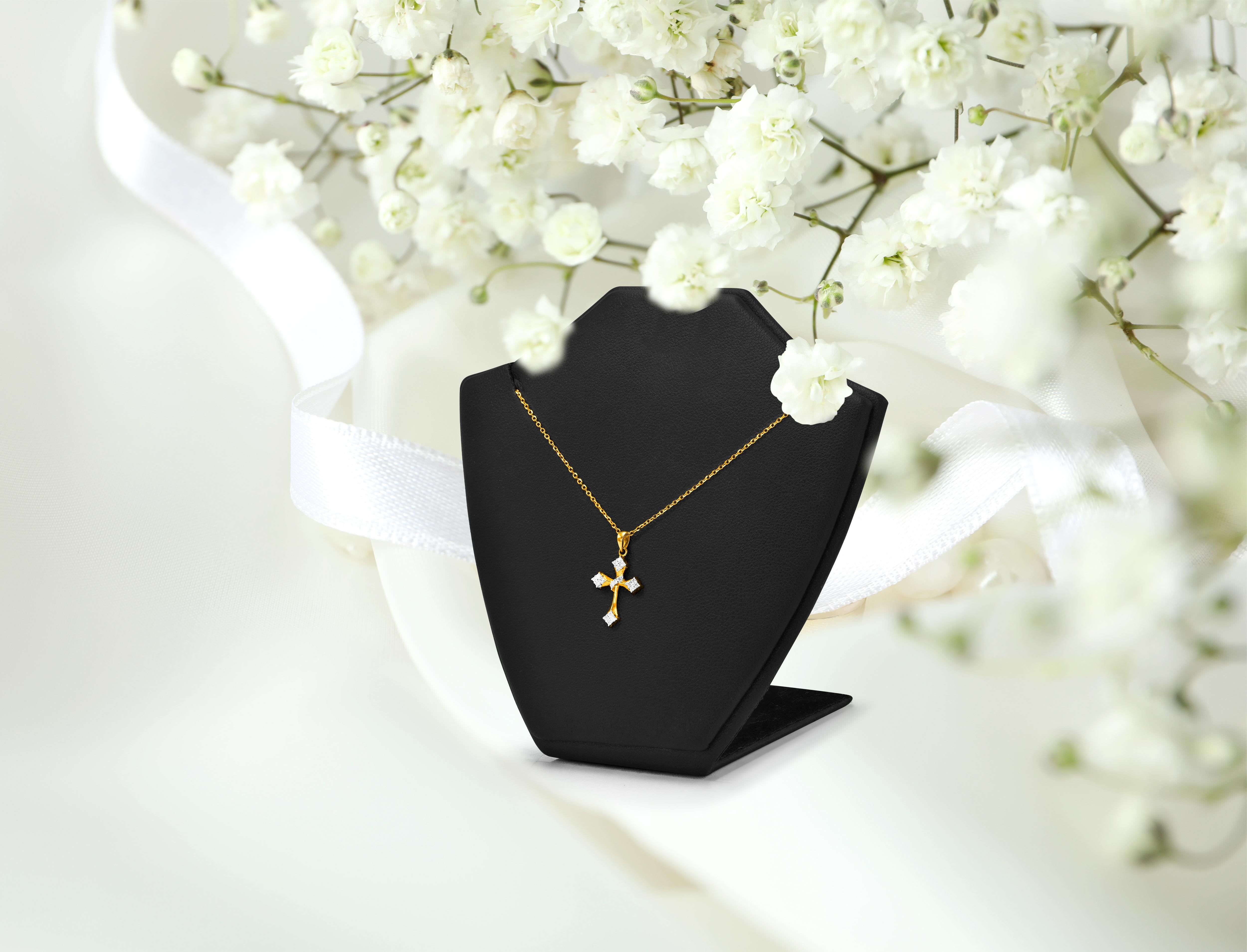14k Solid Gold Cross Diamond Necklace Cross Charm Pendant Religious Necklace For Sale 2