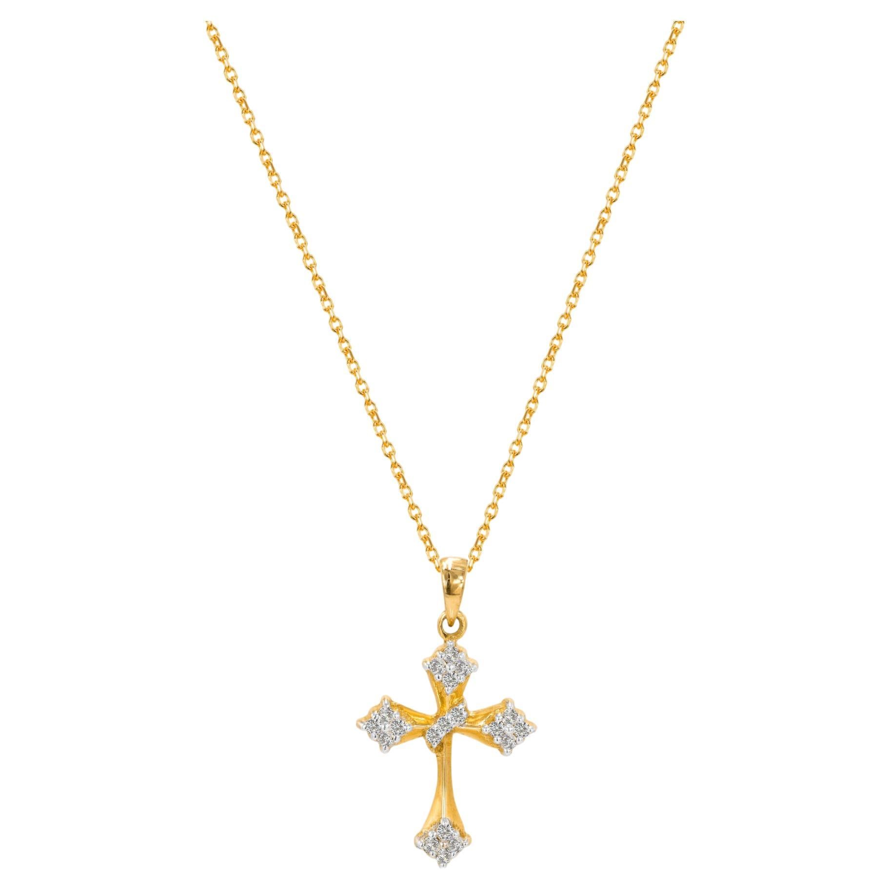 Collier religieux en or massif 14 carats avec pendentif croix et breloque en diamant