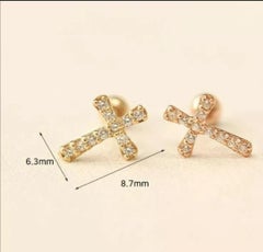 14K Solid Gold Cross Diamond Stud Earrings Protection cross gold Ear Piercings