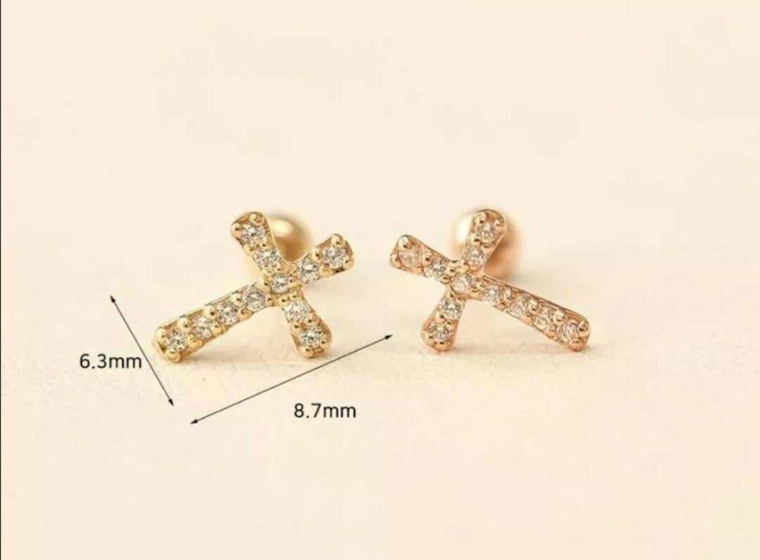 Art Deco 14K Solid Gold Cross Diamond Stud Earrings Protection Cross Gold Ear Piercings. For Sale