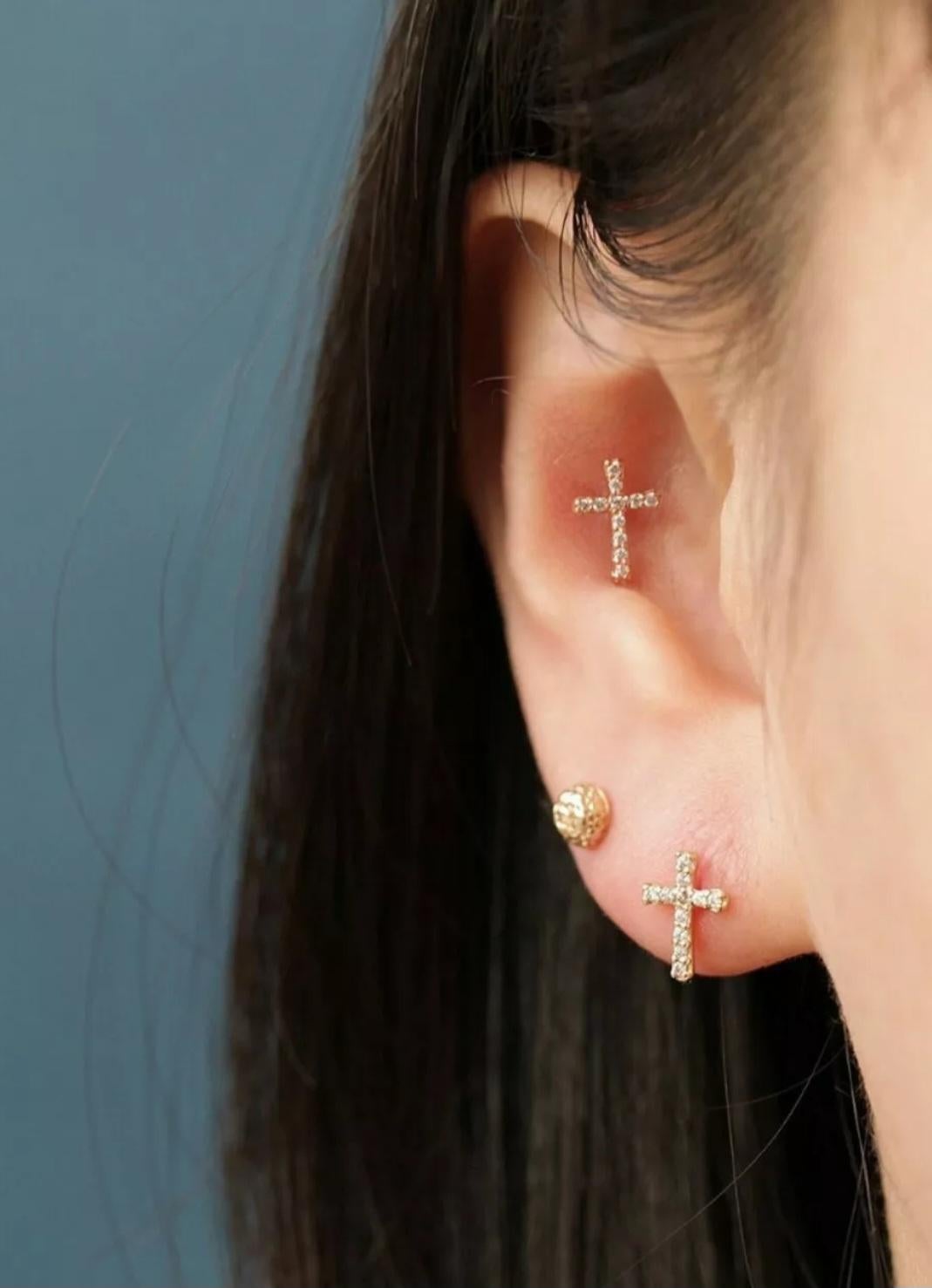 Art Deco 14K Solid Gold Cross Diamond Stud Earrings Protection cross gold Ear Piercings For Sale