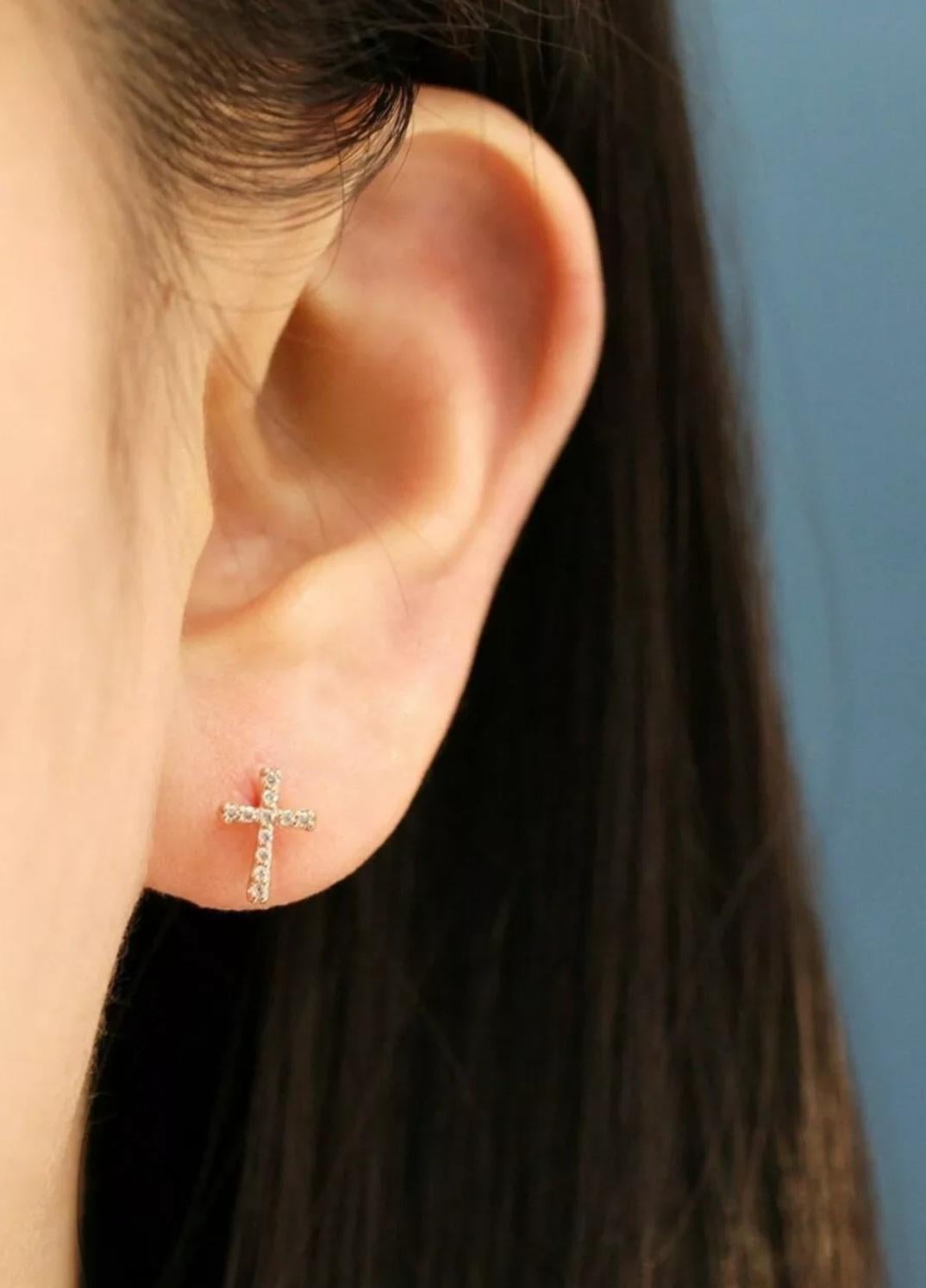 Women's or Men's 14K Solid Gold Cross Diamond Stud Earrings Protection Cross Gold Ear Piercings. For Sale