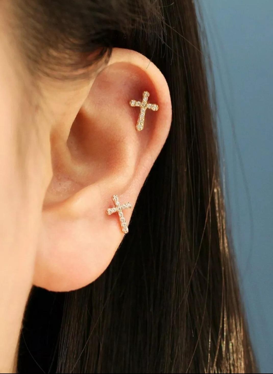 Women's or Men's 14K Solid Gold Cross Diamond Stud Earrings Protection cross gold Ear Piercings For Sale