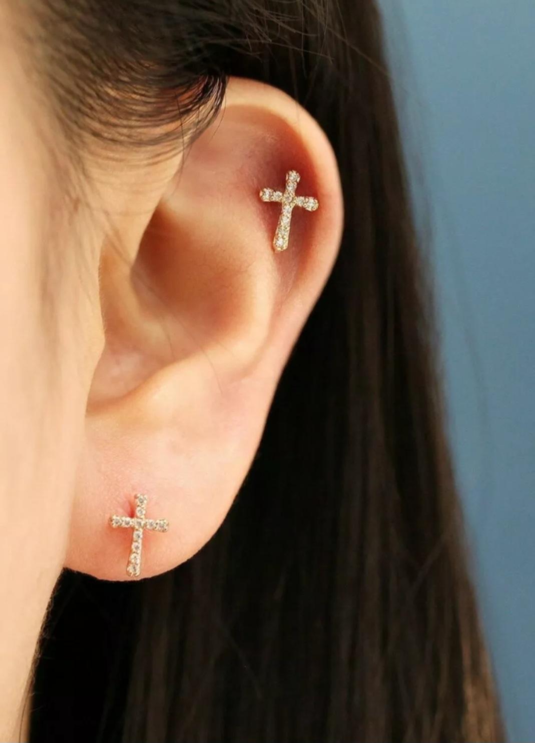 14K Solid Gold Cross Diamond Stud Earrings Protection Cross Gold Ear Piercings. For Sale 1