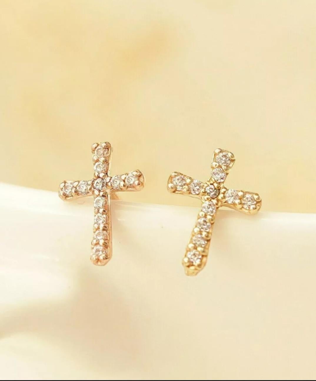 14K Solid Gold Cross Diamond Stud Earrings Protection cross gold Ear Piercings For Sale 1