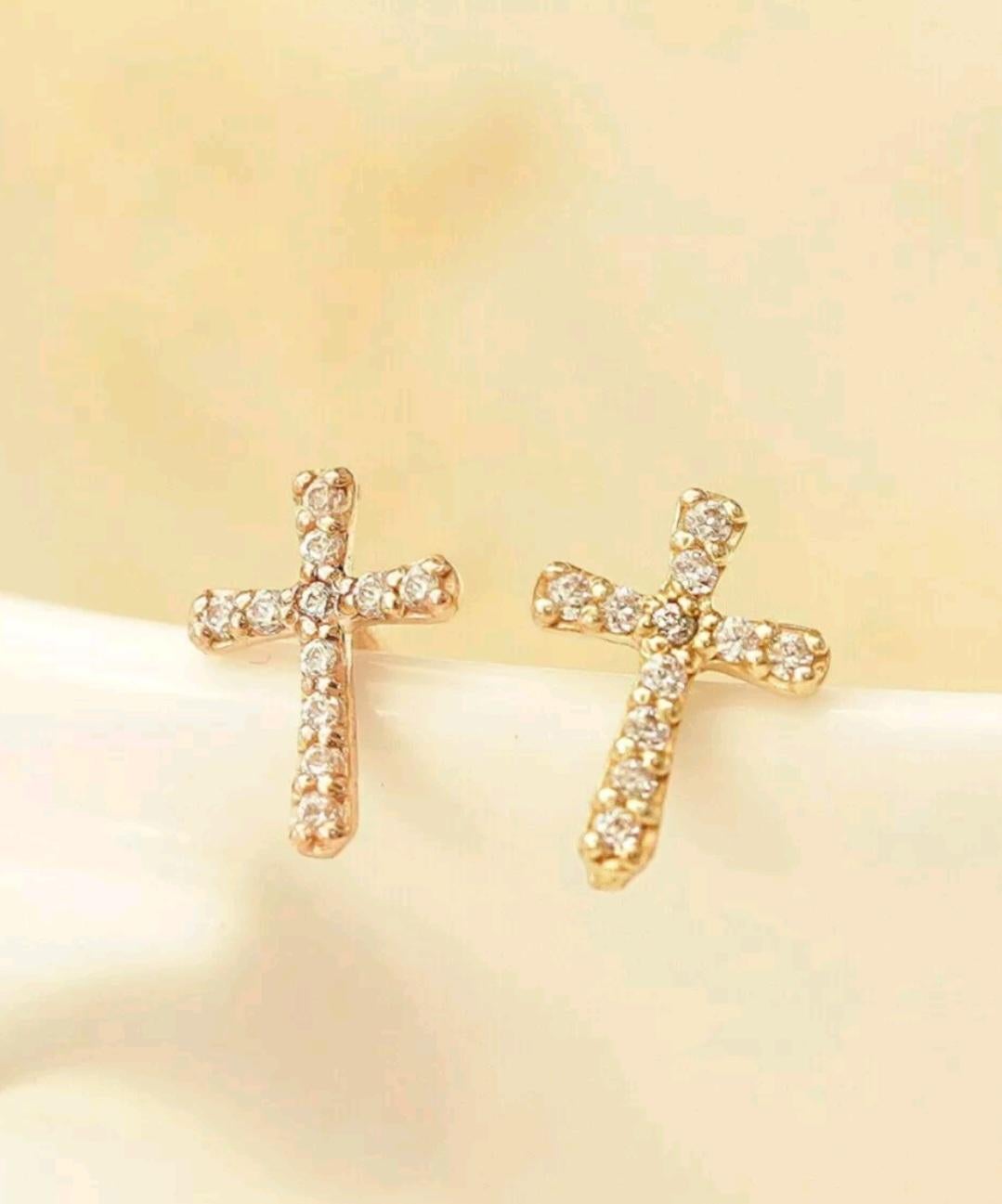 14K Solid Gold Cross Diamond Stud Earrings Protection Cross Gold Ear Piercings. For Sale 2
