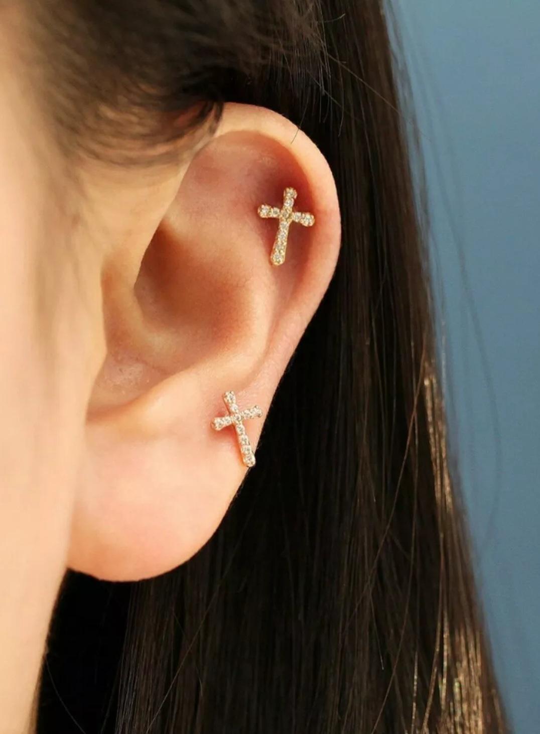 14K Solid Gold Cross Diamond Stud Earrings Protection Cross Gold Ear Piercings. For Sale 3