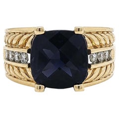 14k Solid Gold Cushion Checkerboard Iolite Diamond & Cable Design Sides Ring