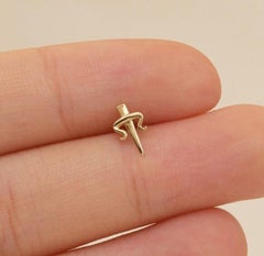 14K Solid Gold Dagger Stud Earrings For Women Cute Sword Piercings Gift For Her.