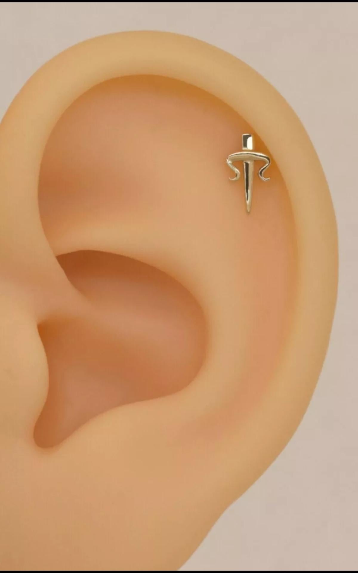 14K Solid Gold Dagger Stud Earrings For Women Cute Sword Piercings Jewelry. For Sale 2