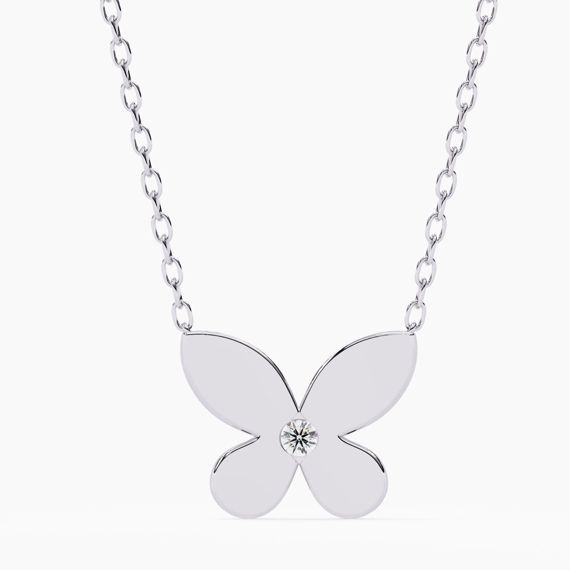 Taille ronde Pendentif papillon en or massif 14 carats, diamants ronds 1/10, SI GH en vente