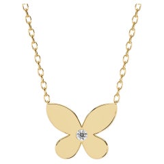 14K Solid Gold Dainty Butterfly Necklace Pendant, 1/10 Round Diamond, SI GH