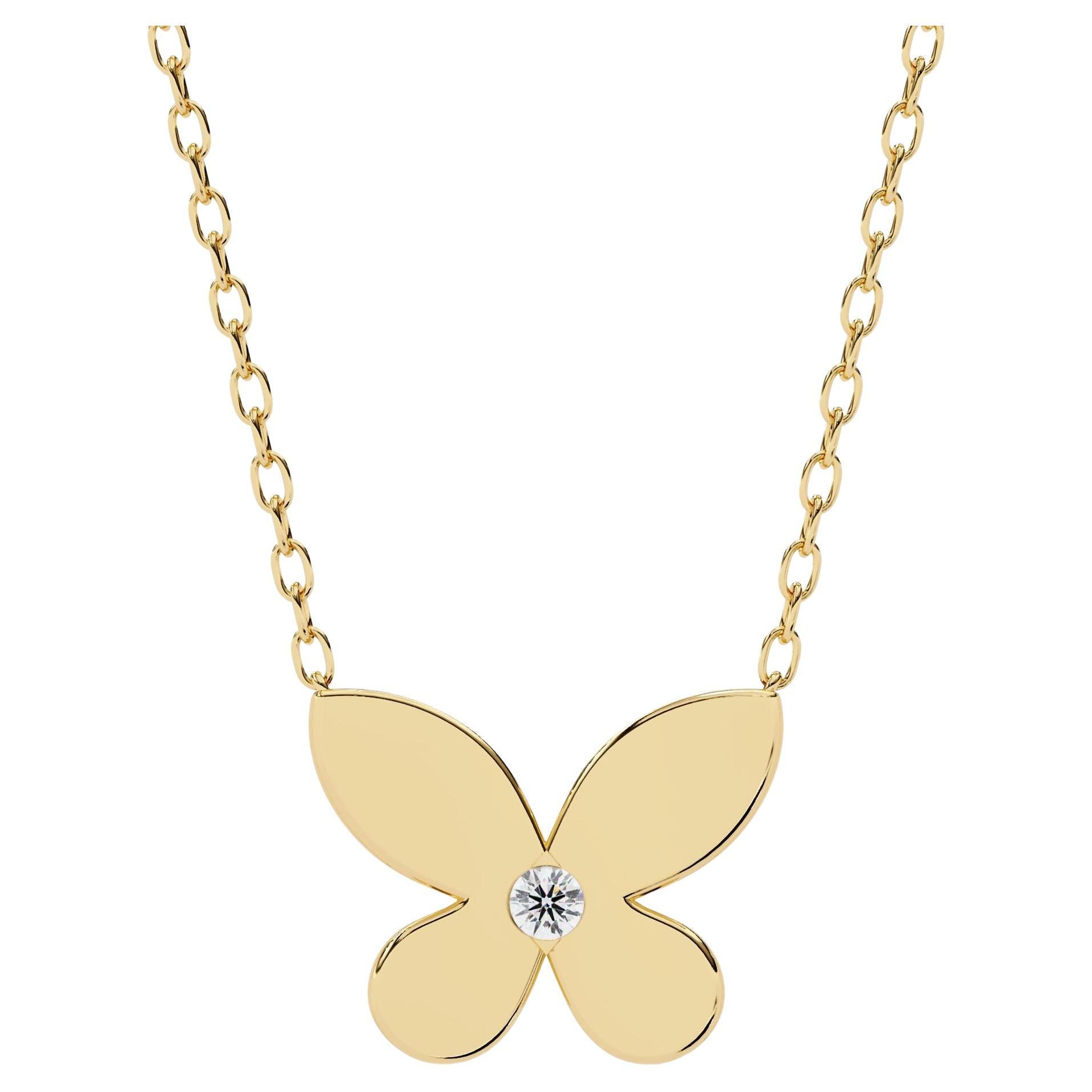 14K Solid Gold Dainty Butterfly Necklace Pendant, 1/10 Round Diamond, SI GH
