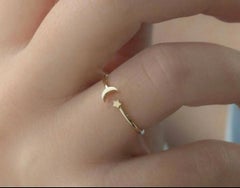 14k Solid Gold Dainty Crescent Tiny Moon Star Ring Statement Stacking Mini Ring.