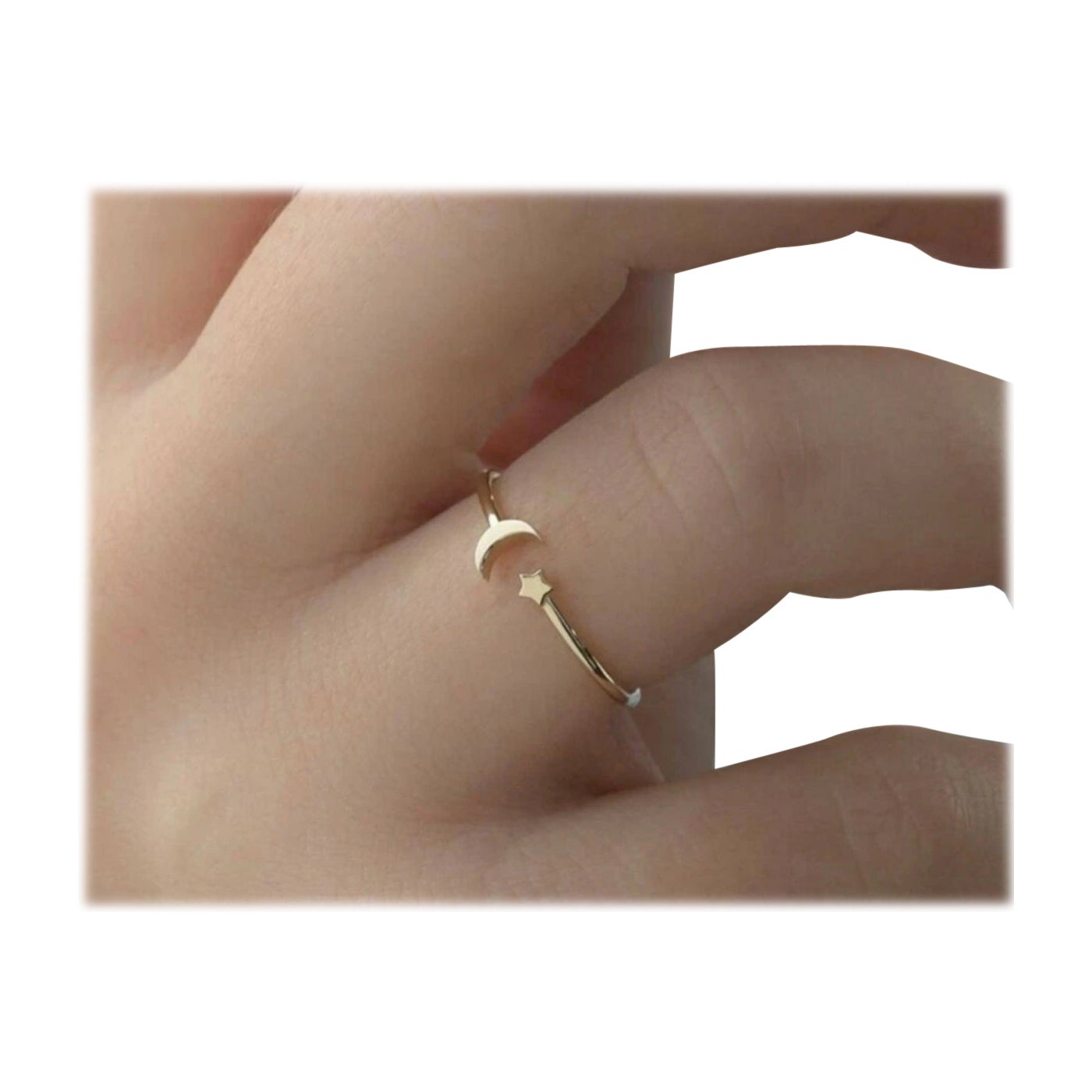 Oro massiccio 14k Dainty Crescent Tiny Moon Star Ring Mini anello impilabile di dichiarazione.