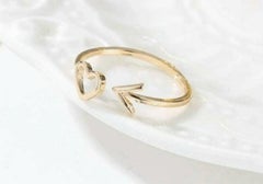 14k Solid Gold Dainty Heart Arrow Stacking Statement Adjustable Valentines Ring.