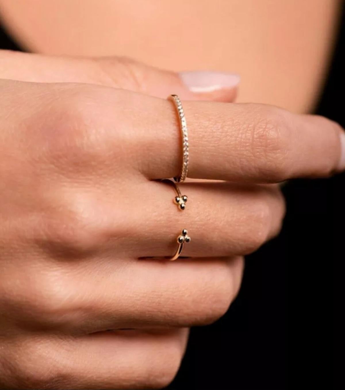 14k Solid Gold zierlich drei Kugel offen Stacking Anweisung Ring Minimalist Ring. im Angebot 2