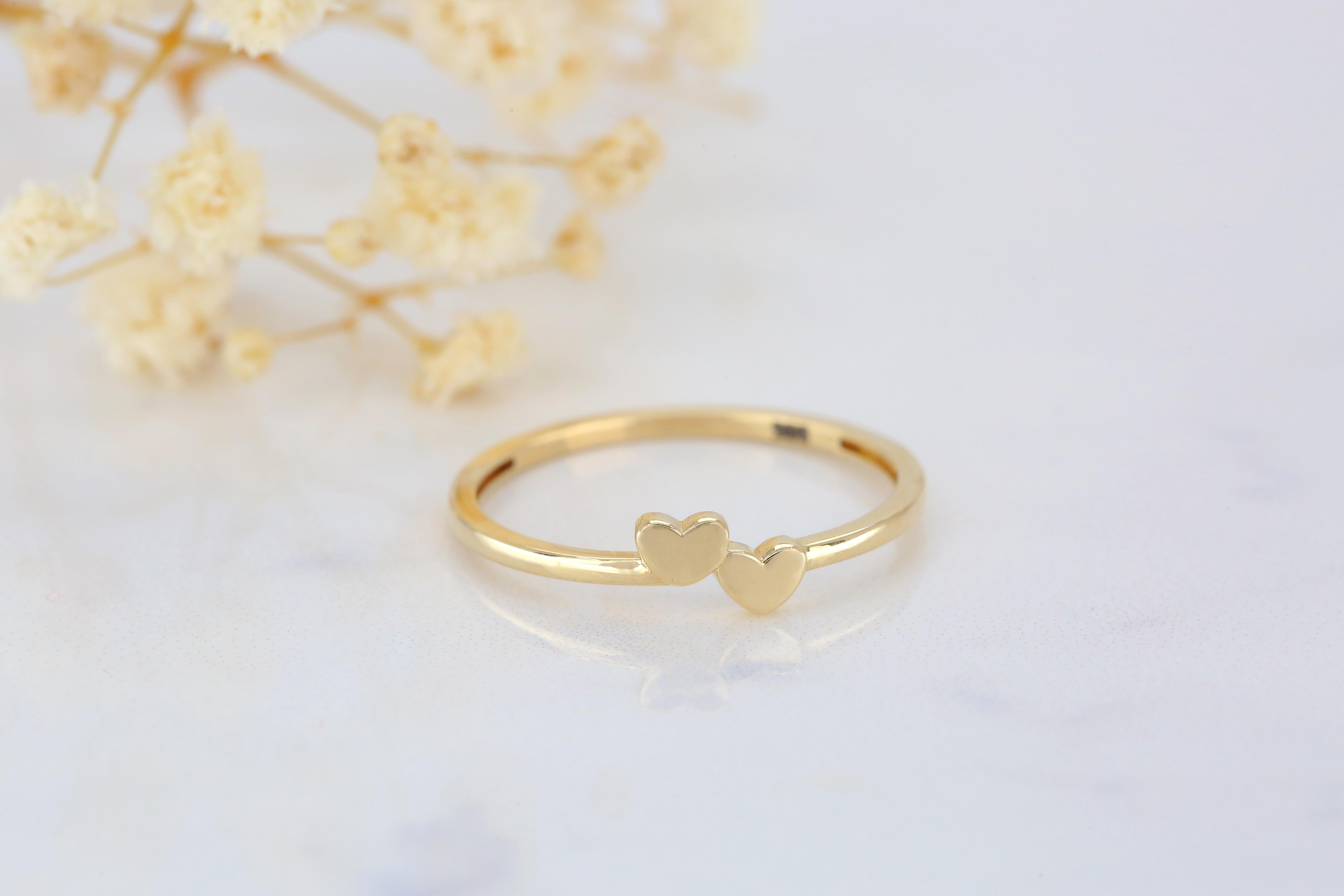 For Sale:  14k Solid Gold Dainty Twin Hearts Ring, Cute Delicate Stacking Double Hearts R 2