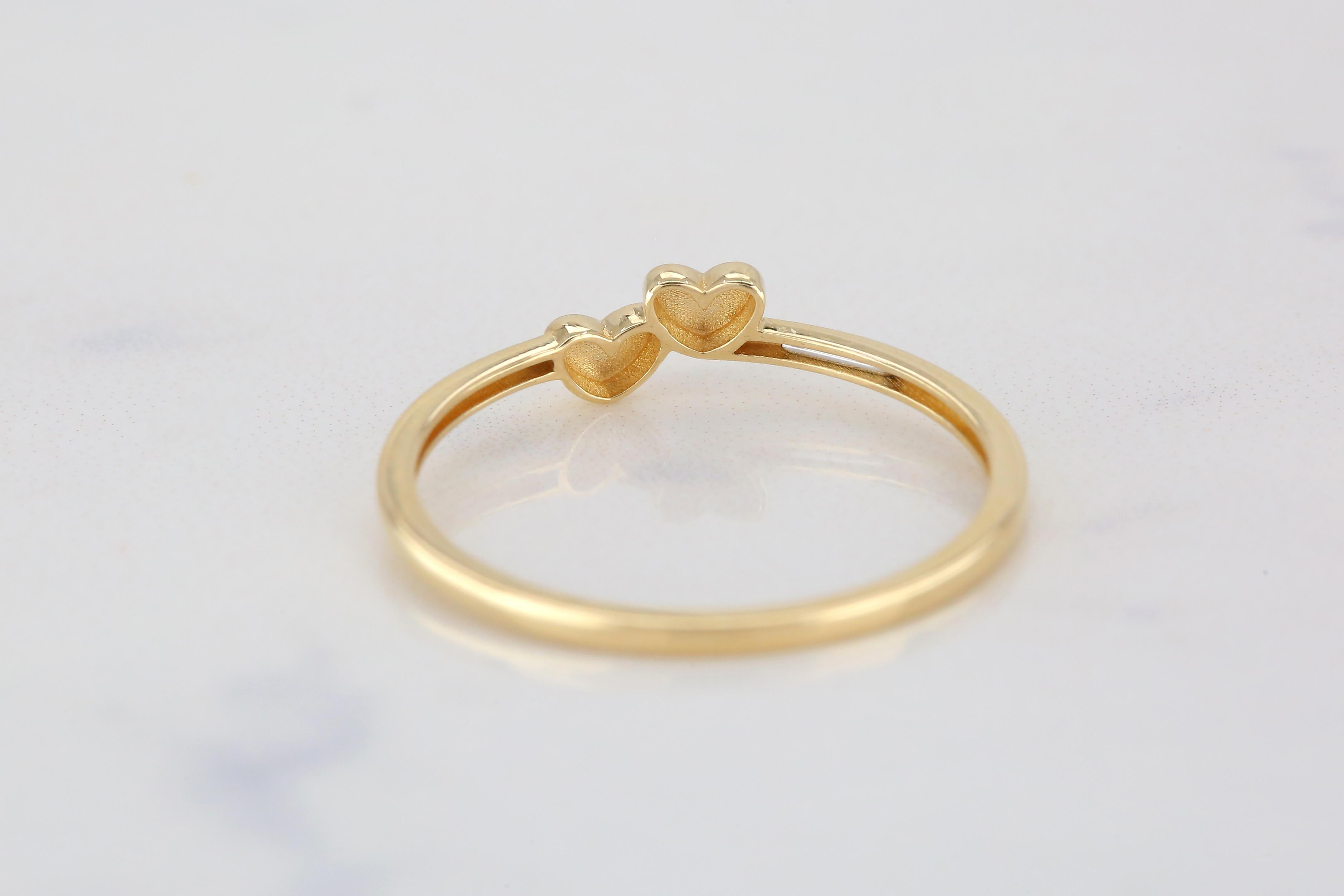 For Sale:  14k Solid Gold Dainty Twin Hearts Ring, Cute Delicate Stacking Double Hearts R 4